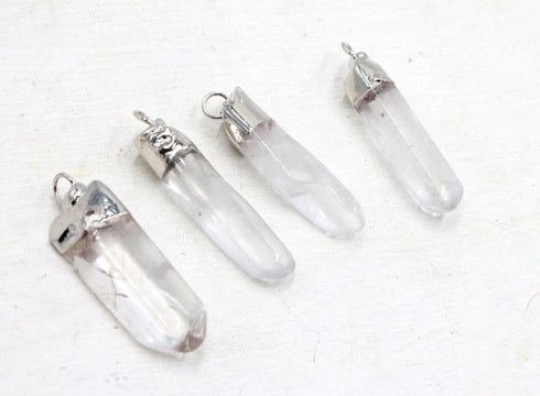 Clear Quartz Pendant, 35x10mm, Free Form Pendant, Silver Plated Brass, Sold As 1 Piece.